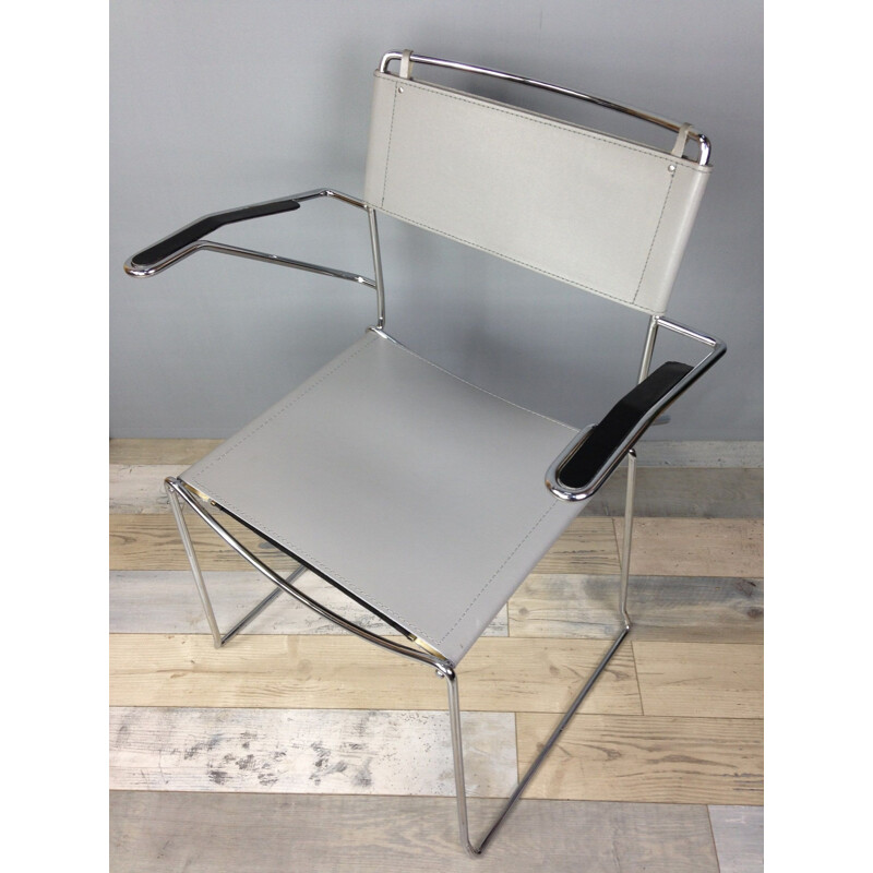 Vintage chrome and grey leather office armchair Italian