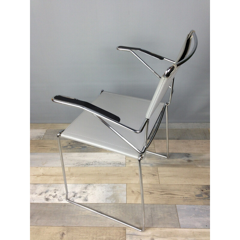 Fauteuil vintage de bureau chrome et cuir gris Italien