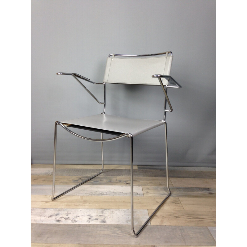 Vintage chrome and grey leather office armchair Italian