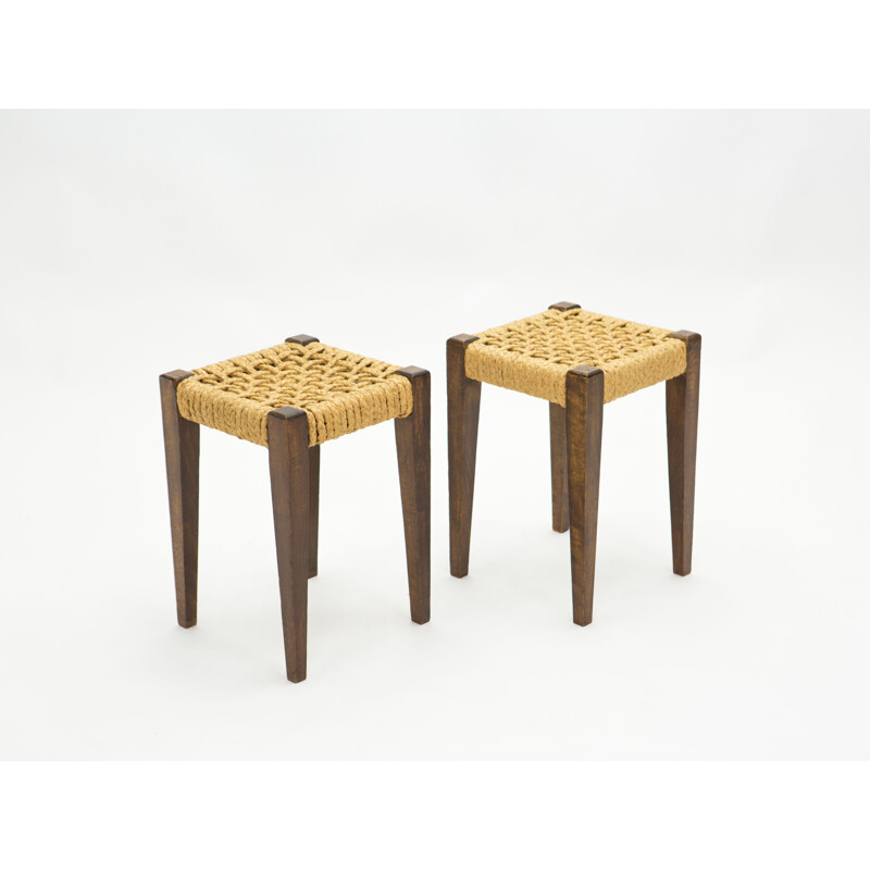 Pair of vintage stained oak stools with rope by Audoux Minet 1950s