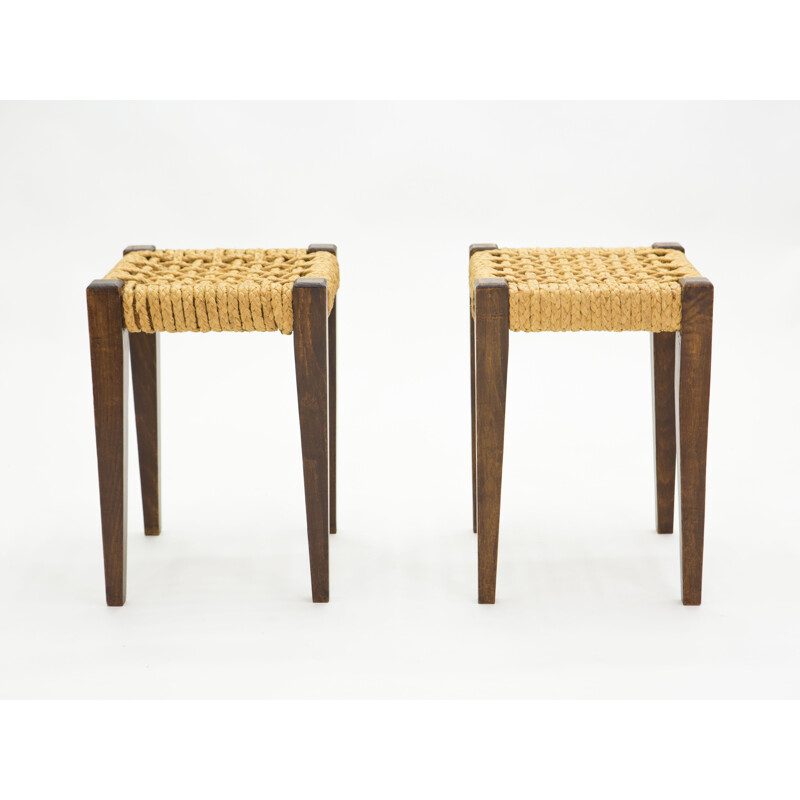 Pair of vintage stained oak stools with rope by Audoux Minet 1950s
