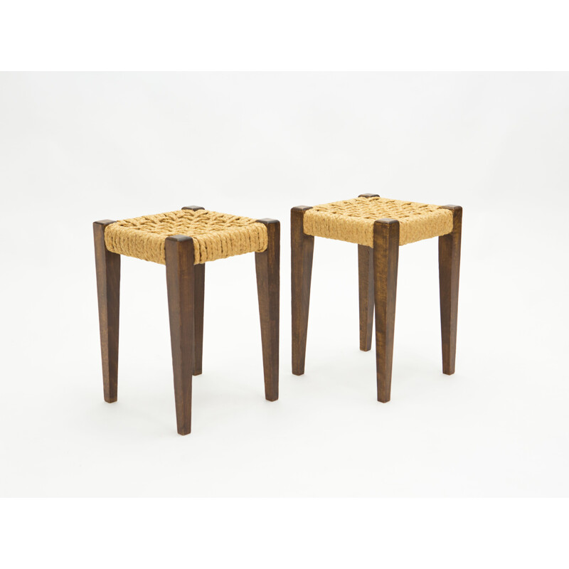 Pair of vintage stained oak stools with rope by Audoux Minet 1950s