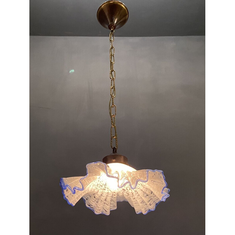 Vintage Murano glass pendant lamp with blue frills