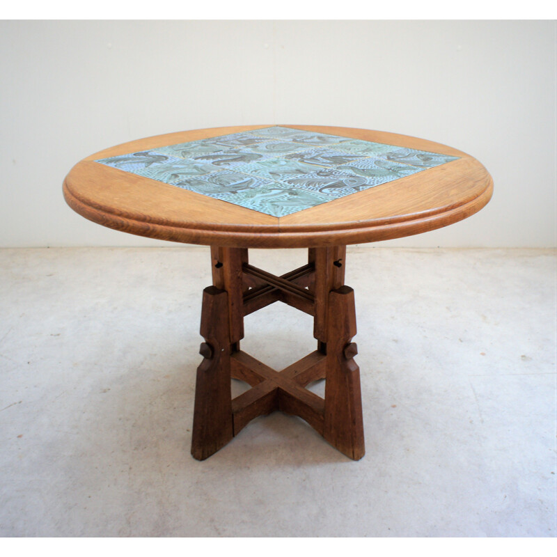 Table vintage réglable en hauteur en chêne et céramique par Guillerme et Chambron