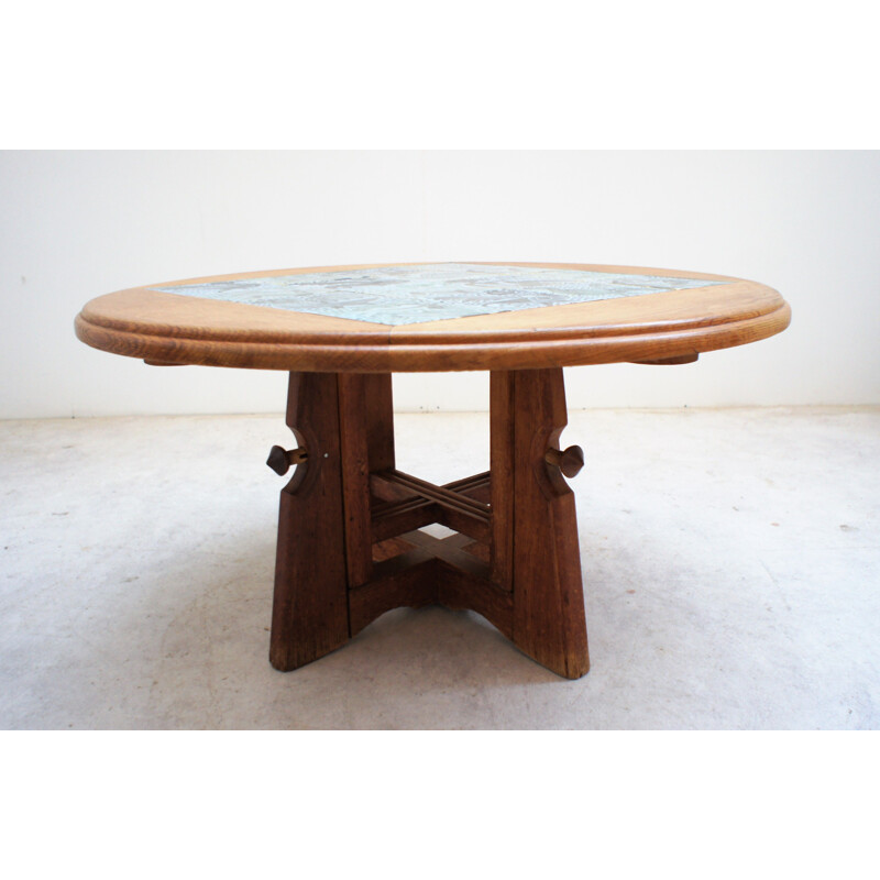 Table vintage réglable en hauteur en chêne et céramique par Guillerme et Chambron