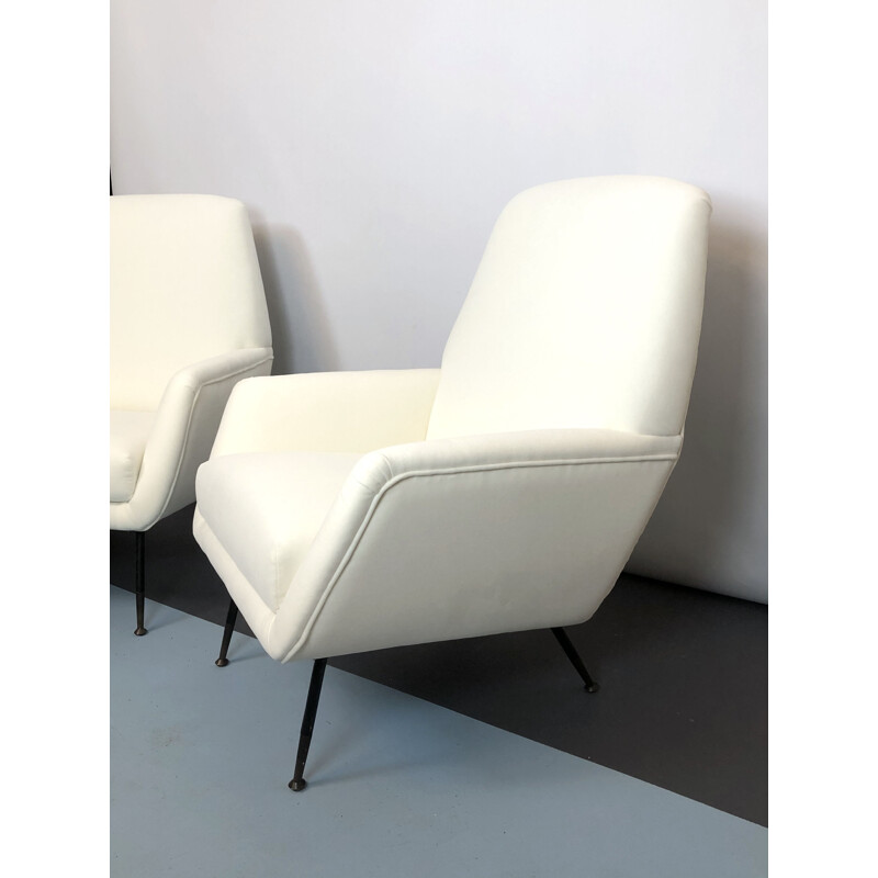 Paire de fauteuils vintage en velours blanc chaud, Italie 1950