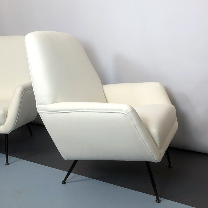 Pareja de sillones vintage de terciopelo blanco cálido, Italia 1950