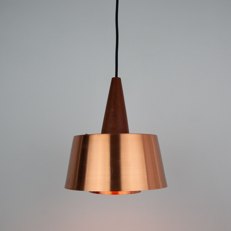 Vintage pendant lamp copper and teak wood  Denmark 1960