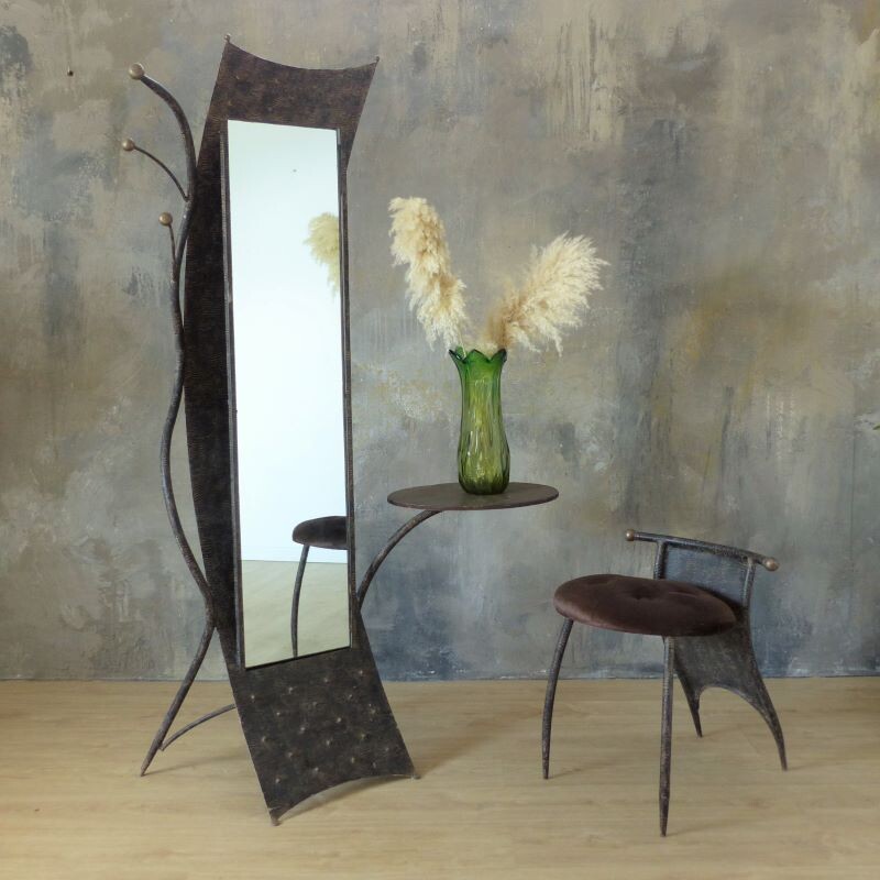 Brutalist vintage metal cabinet with mirror and chair, 1950