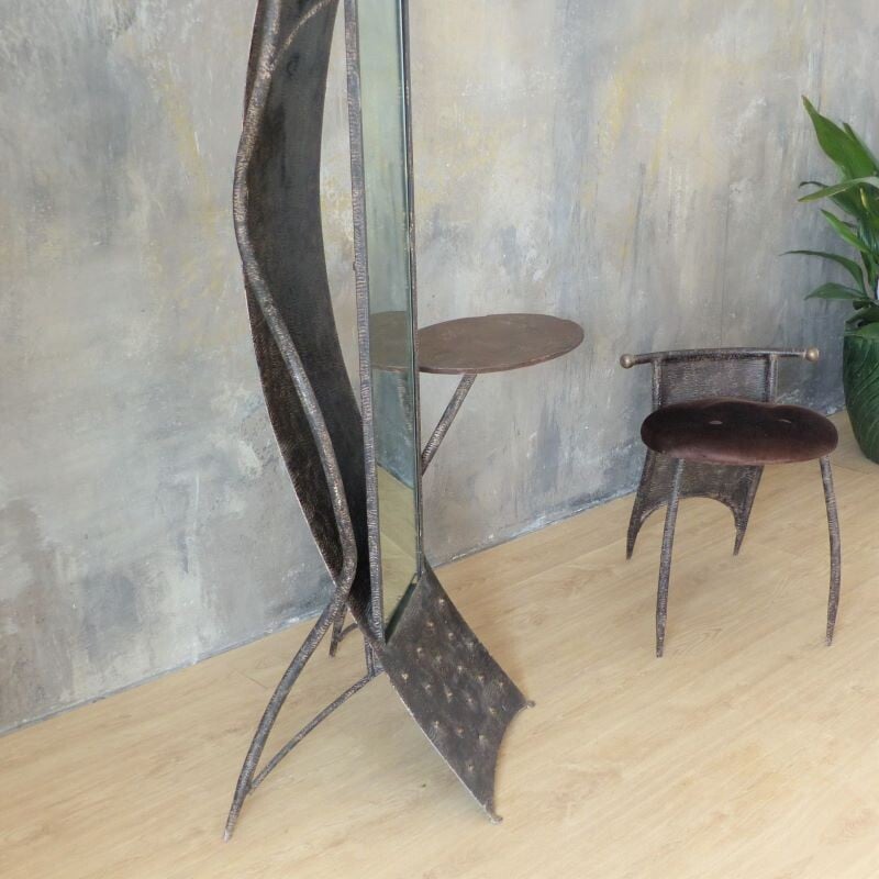 Brutalist vintage metal cabinet with mirror and chair, 1950