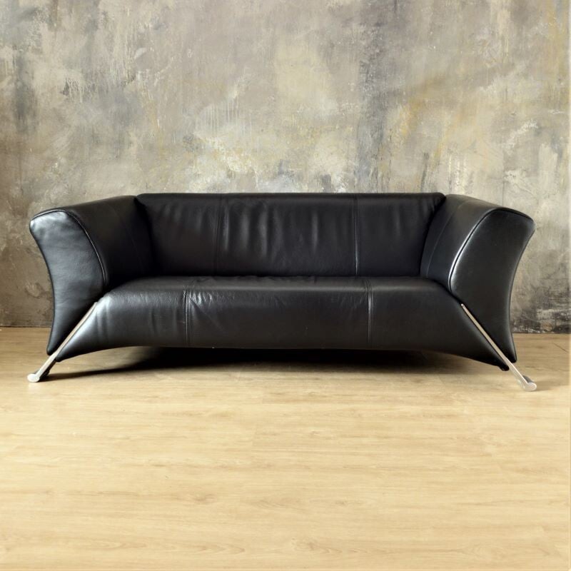 Vintage 2-seater black leather sofa by Rolf Benz 2000