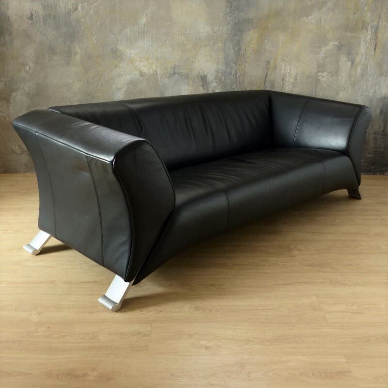 Vintage 2-seater black leather sofa by Rolf Benz 2000