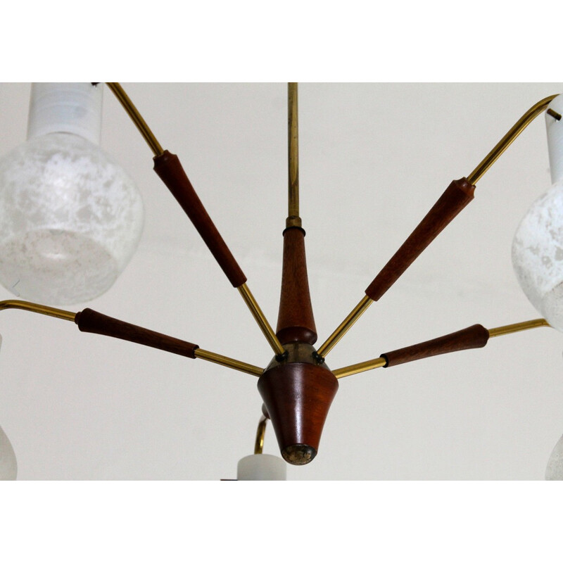 Grand lustre scandinave en teck et opaline - 1960