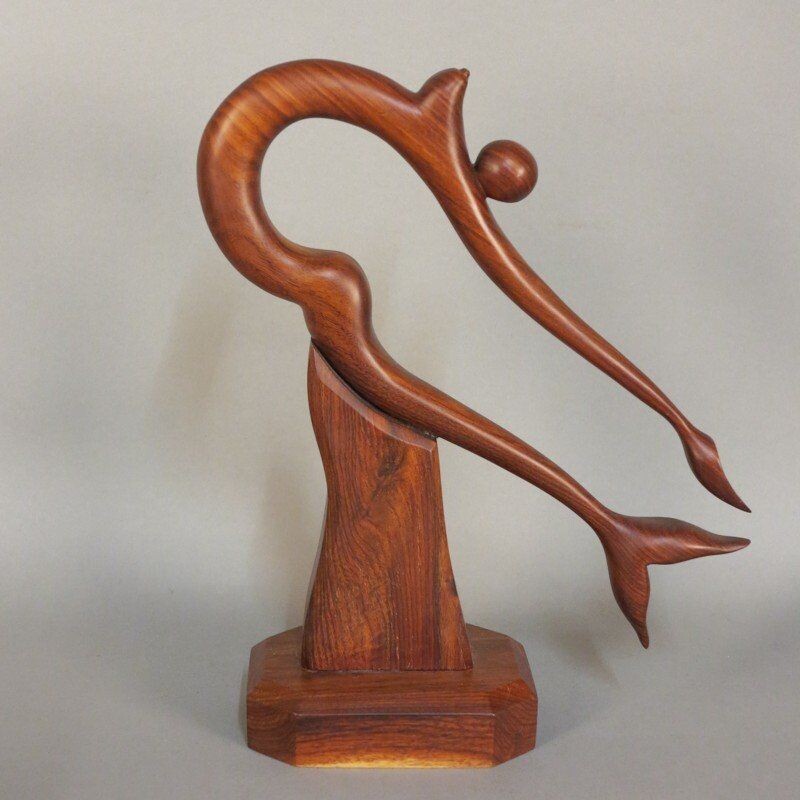 Vintage teak wood sculpture on base with representation of a mermaid, Denmark 1950