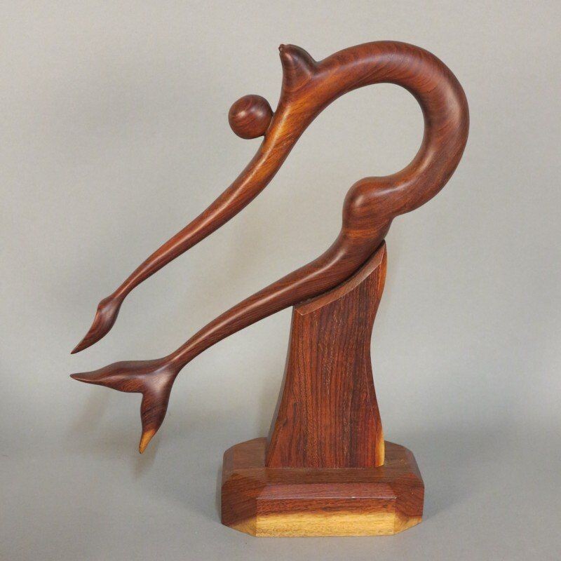 Vintage teak wood sculpture on base with representation of a mermaid, Denmark 1950