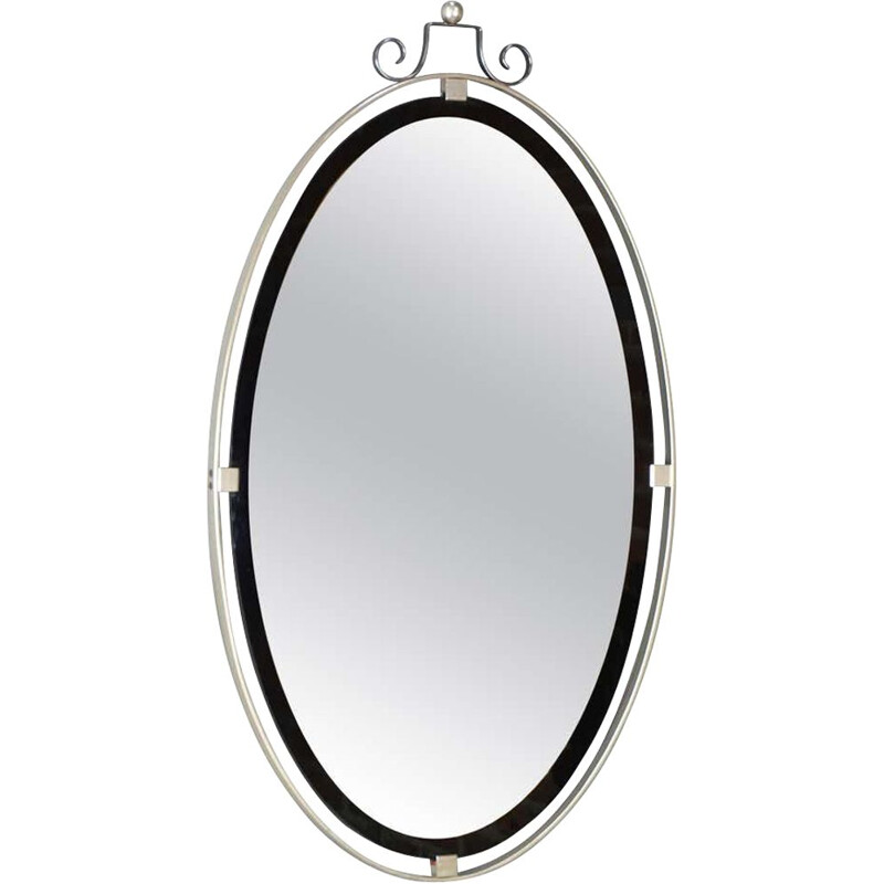 Miroir vintage ovale contour chrome et noir 1950