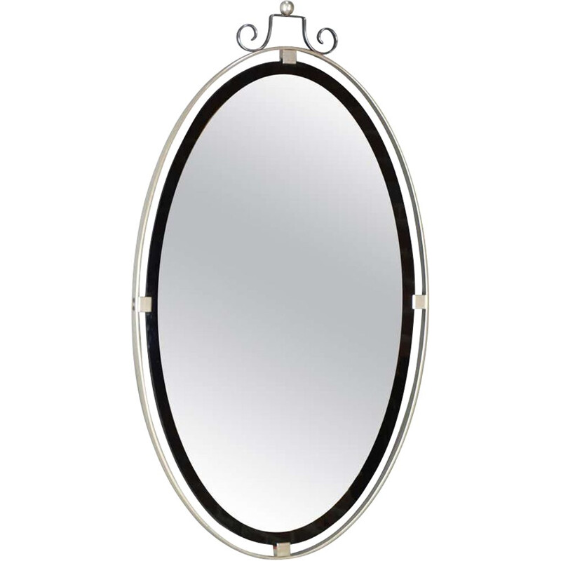 Vintage oval mirror with chrome and black outline 1950s
