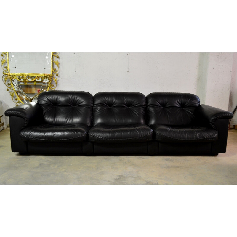 De Sede 3-seater sofa in black leather and oakwood - 1980s