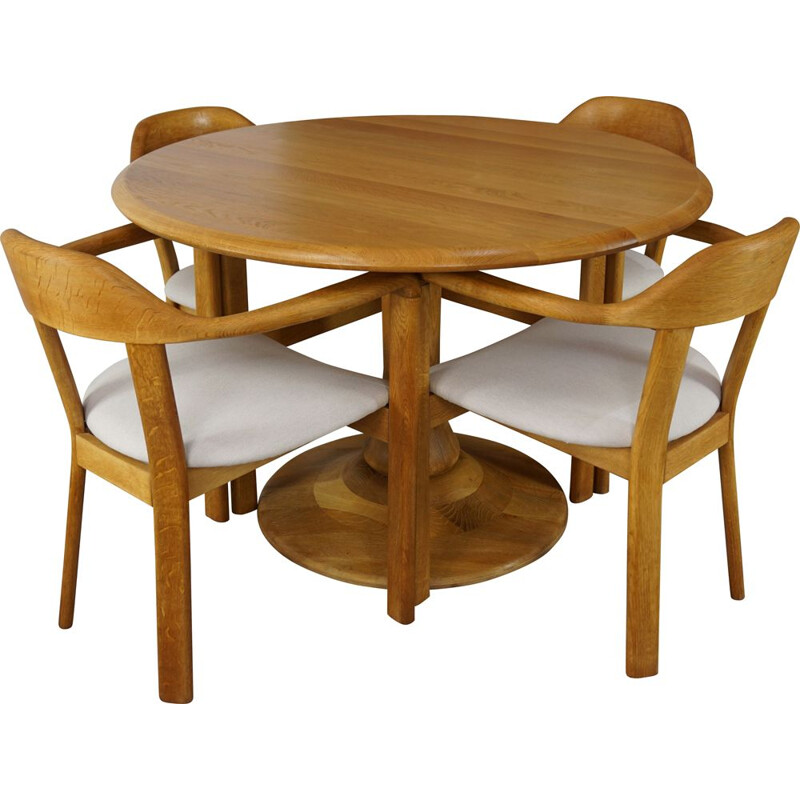 Vintage dining set with round table and 4 matching oak armchairs 1980s