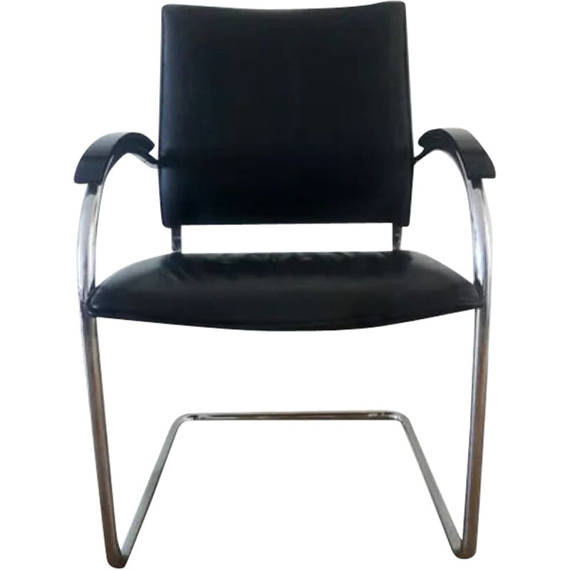 Vintage Thonet S 74 Black Leather Cantilever Chair