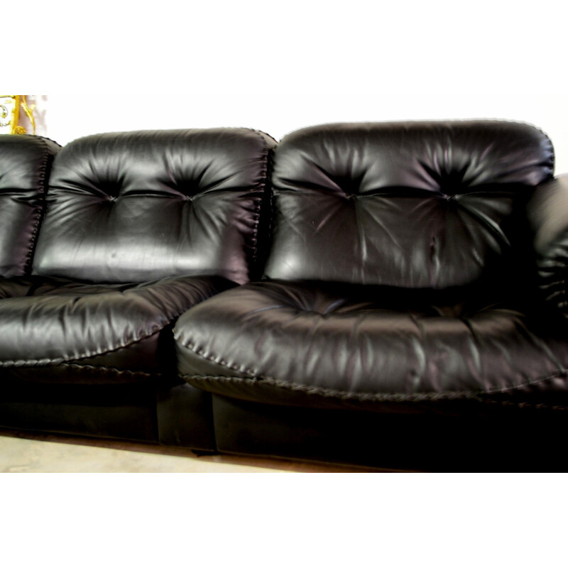 De Sede 3-seater sofa in black leather and oakwood - 1980s