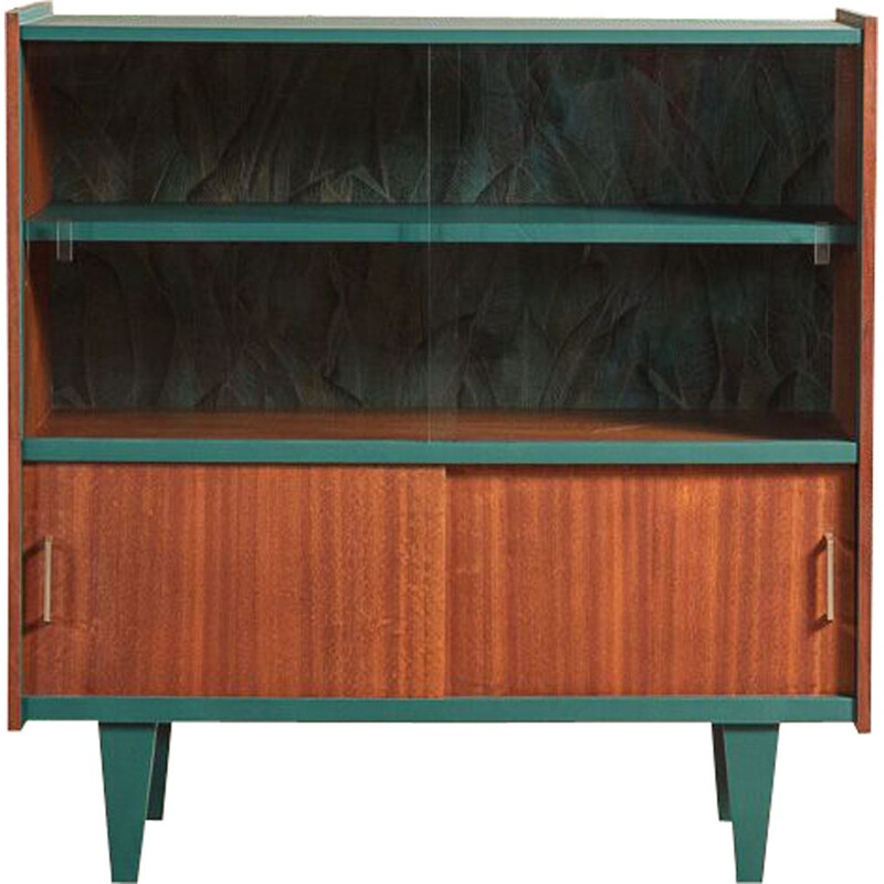 Vintage showcase furniture relooked in green-blue with Casamance wallpaper