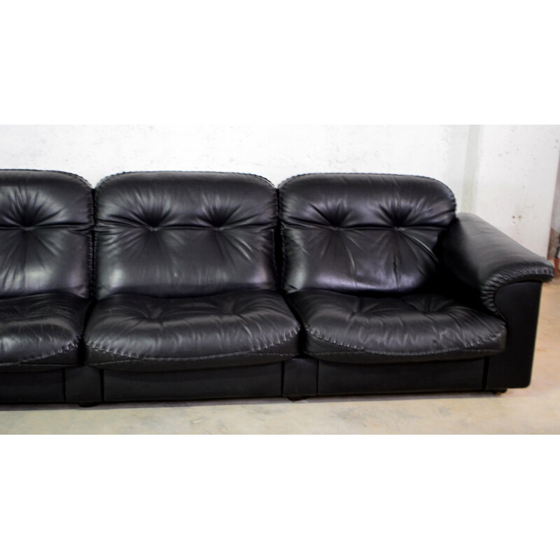 De Sede 3-seater sofa in black leather and oakwood - 1980s