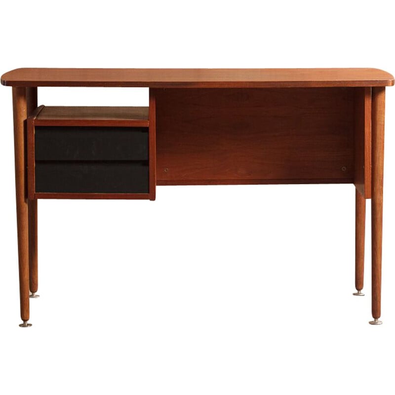 Vintage teak desk with elegant light lines renovated with touches of black 1960s
