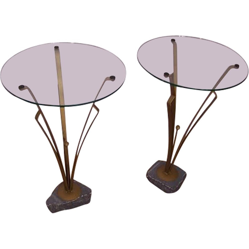 Pair of vintage stone metal and glass art deco side tables
