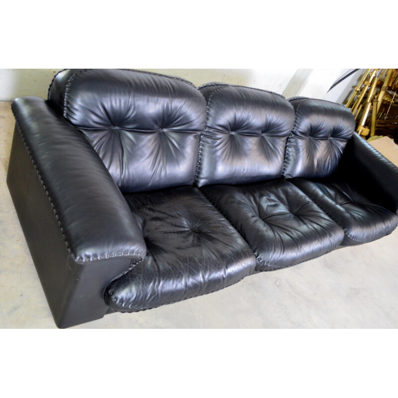 De Sede 3-seater sofa in black leather and oakwood - 1980s