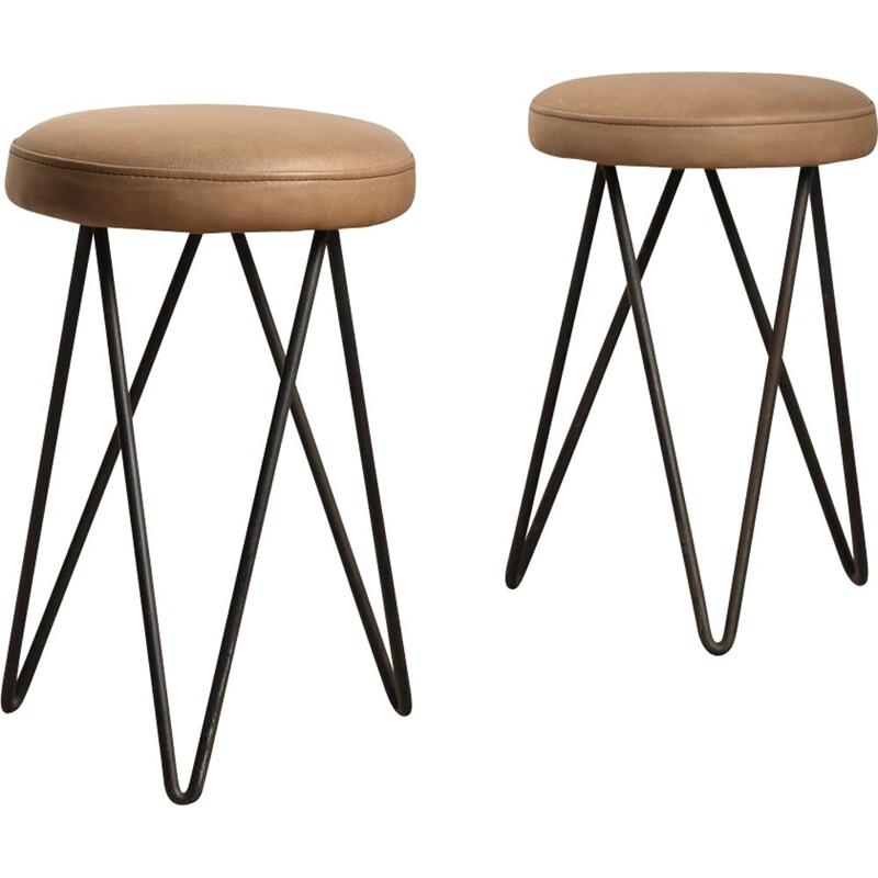 Pair of vintage stool leather work, French 1950s