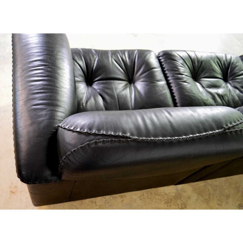 De Sede 3-seater sofa in black leather and oakwood - 1980s