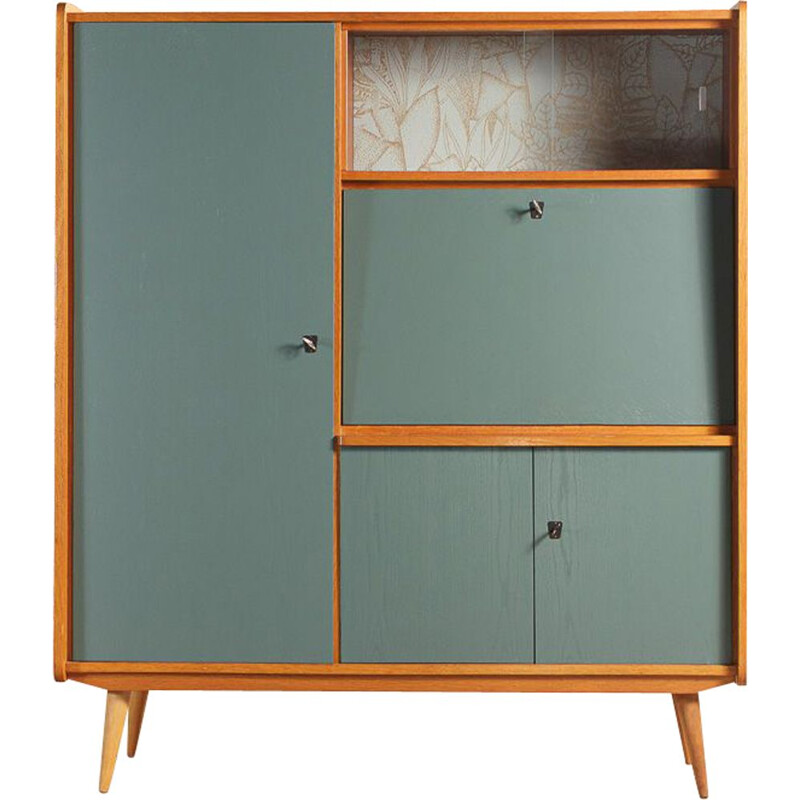 Vintage cabinet secretary in steel blue with Casamance wallpaper