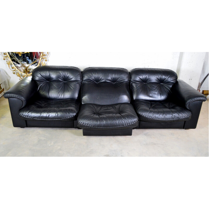 De Sede 3-seater sofa in black leather and oakwood - 1980s