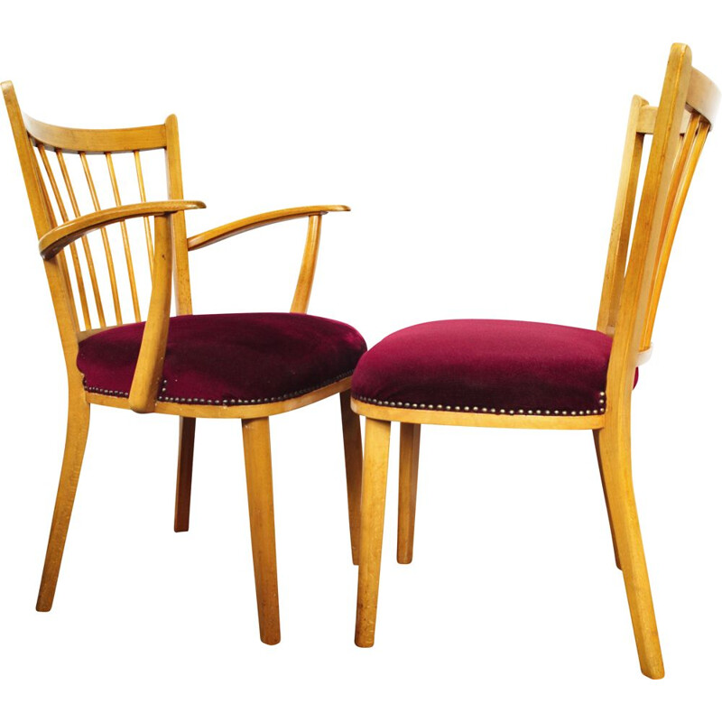 Pair of Vintage beech chair with red upholstery 1950s