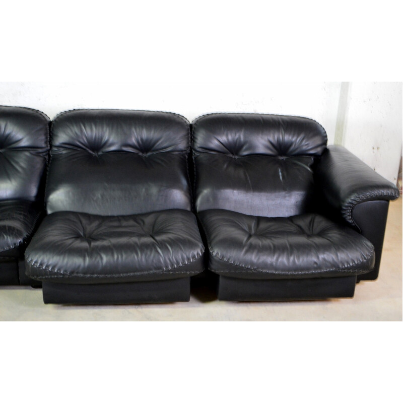 De Sede 3-seater sofa in black leather and oakwood - 1980s