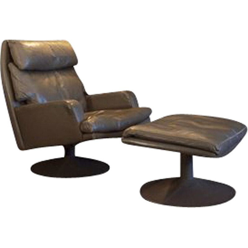 Vintage Leolux leather swivel armchair with ottoman 1960s