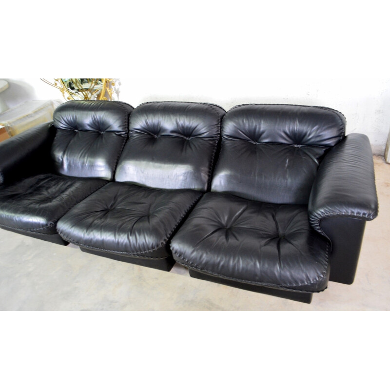 De Sede 3-seater sofa in black leather and oakwood - 1980s