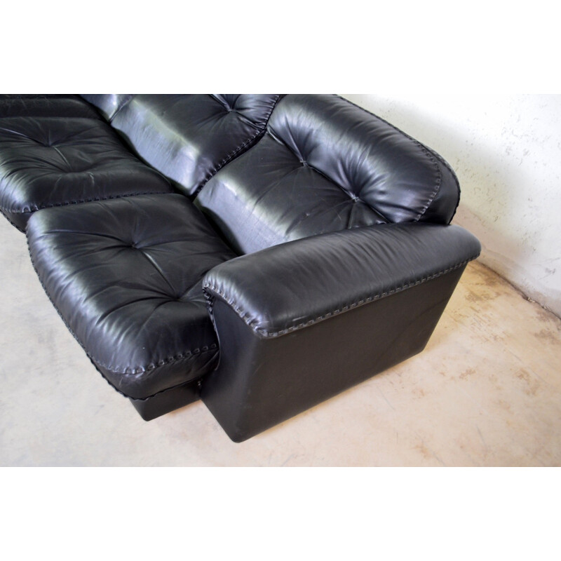 De Sede 3-seater sofa in black leather and oakwood - 1980s