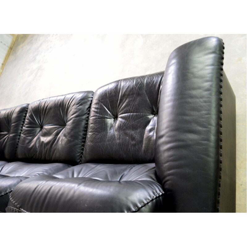 De Sede 3-seater sofa in black leather and oakwood - 1980s