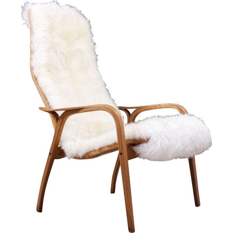 Vintage Yngve Ekstrom Lamino High back lounge chair in oak and sheepskin, Swedese 1951s