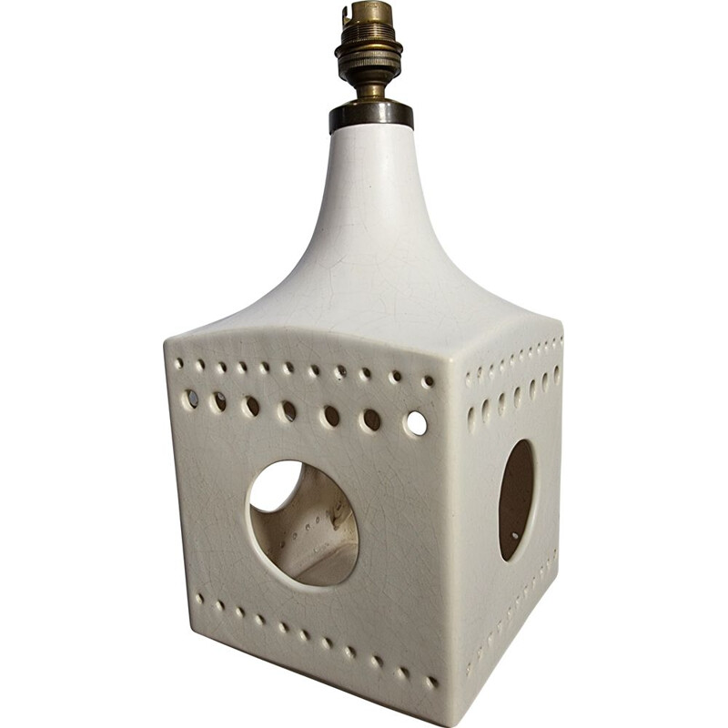 Pied de lampe vintage en porcelaine blanche de Poteries du Marais 1960