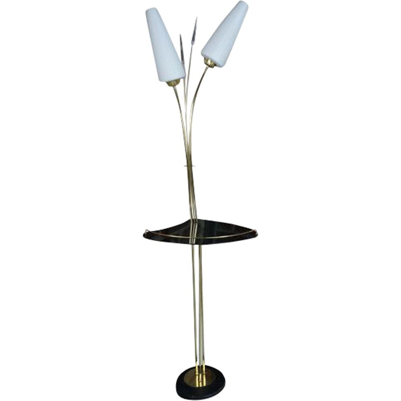 Vintage brass and opaline floor lamp by René Mathieu for Lunel 1950s