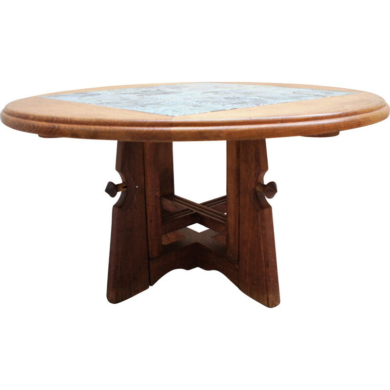 Vintage oak and ceramic height-adjustable table by Guillerme and Chambron