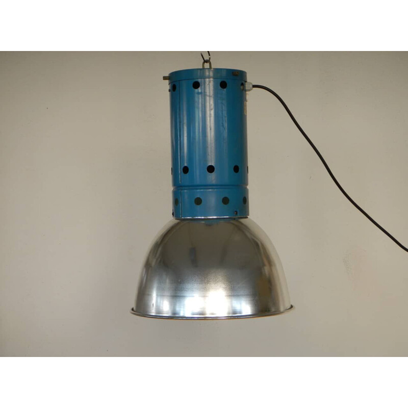 Lampada a sospensione vintage industriale blu 1970