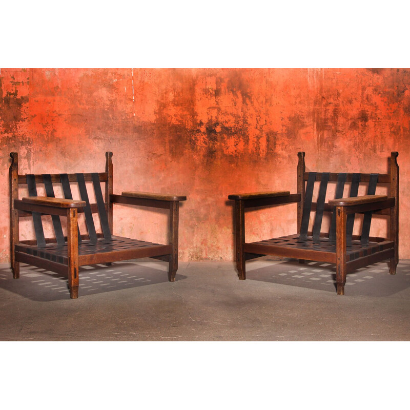 Pair of brutalist oak vintage armchairs, 1970