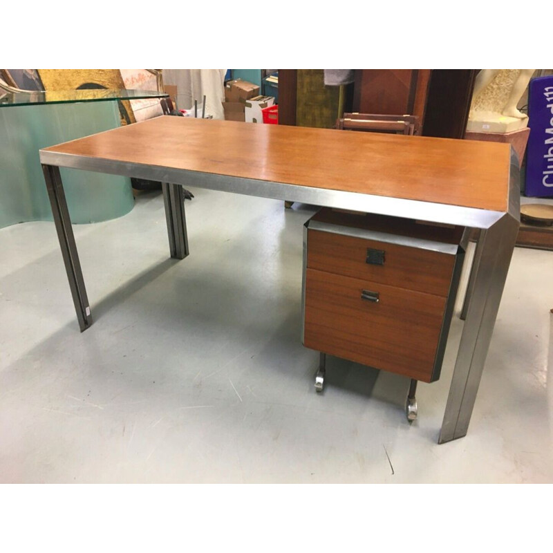 Vintage chromed steel and ash wood desk by Bernard Marange for TFM, 1970