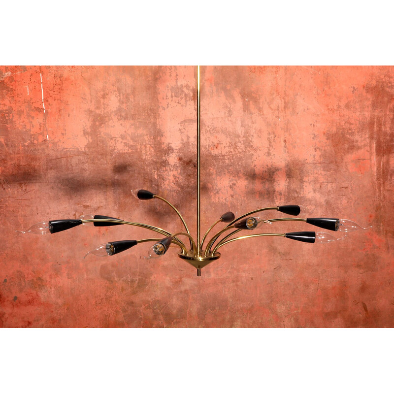 Vintage brass ten-arm chandelier 1970