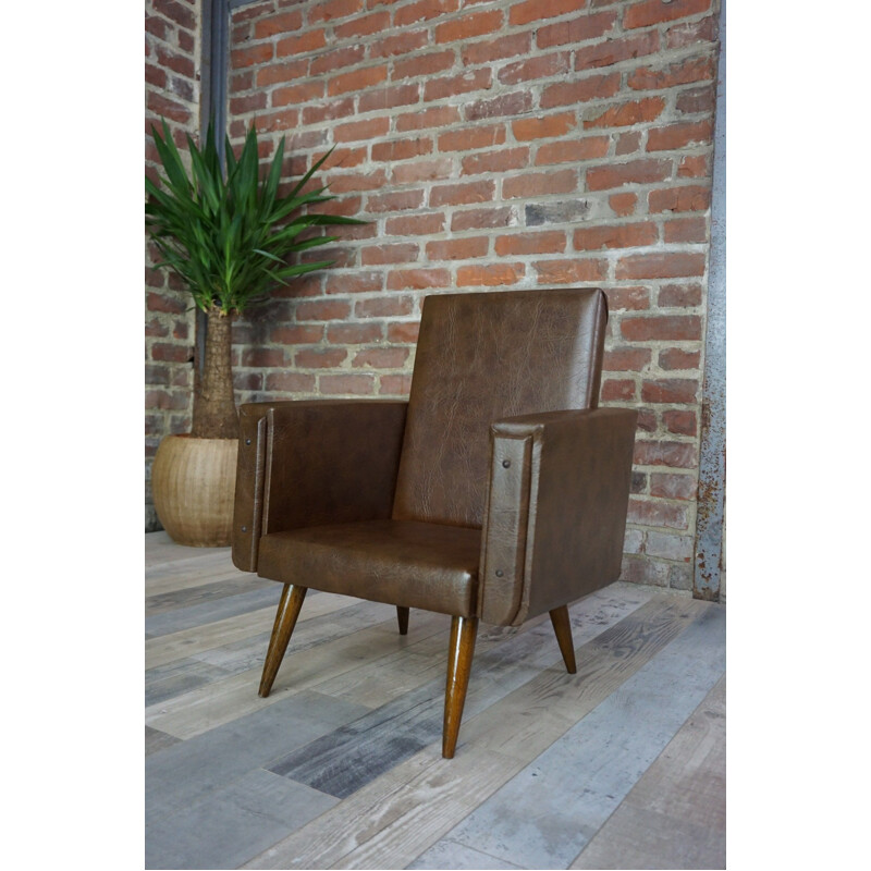 Fauteuil enfant vintage club en simili et bois 1950