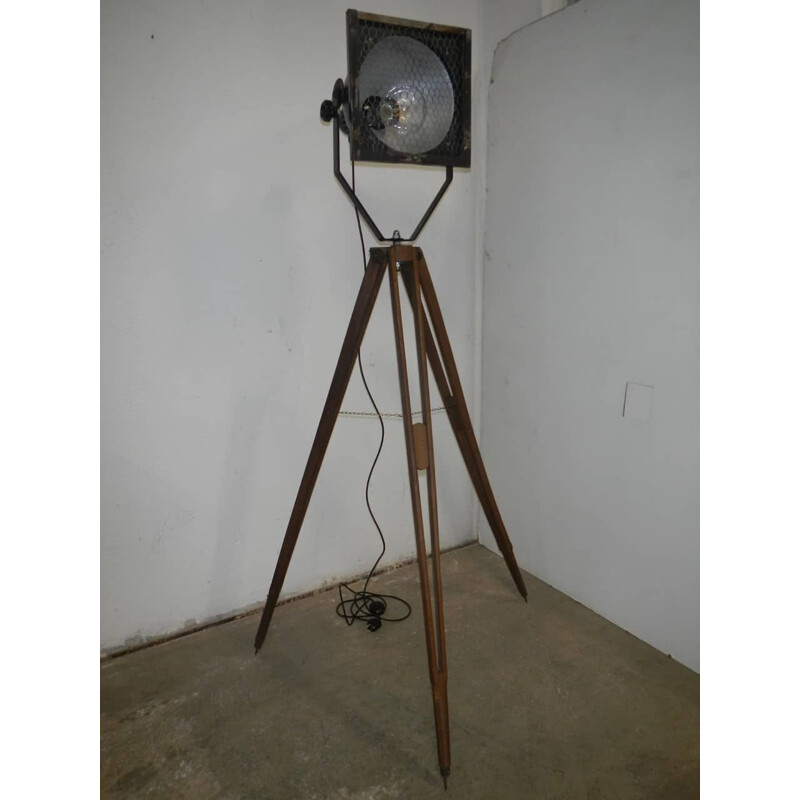 Vintage industrial floor lamp wooden base 1950